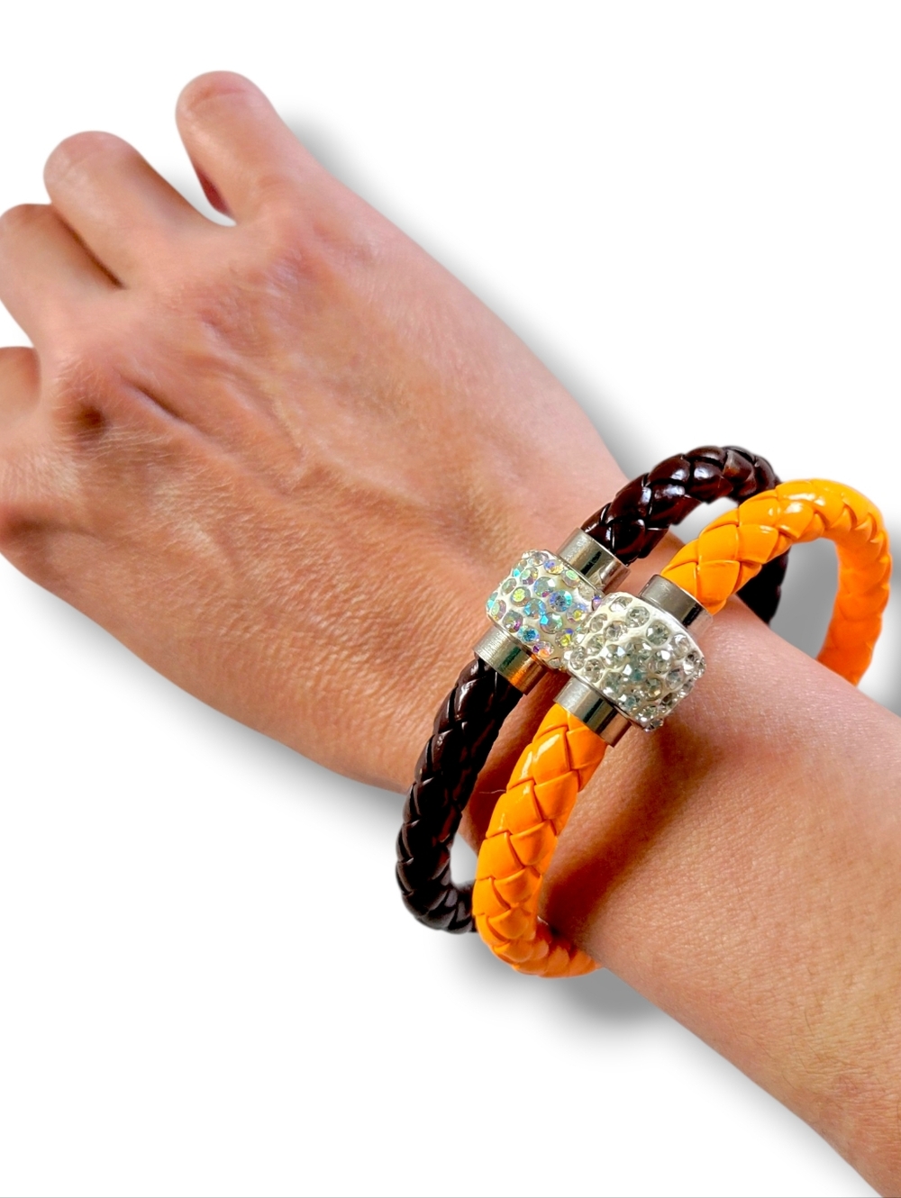 Woven Faux Leather Bracelet Set w/ Pave Crystal Magnetic Clasp [2pc]